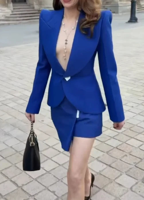 Royal Blue Structured Peplum Blazer and Asymmetric Midi Skirt Two Piece Set