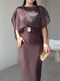 Shimmer Cape Sleeve Column Maxi Dress with Gold Buckle Accent [erp-image:f359d97538b2d17b9464a45f]