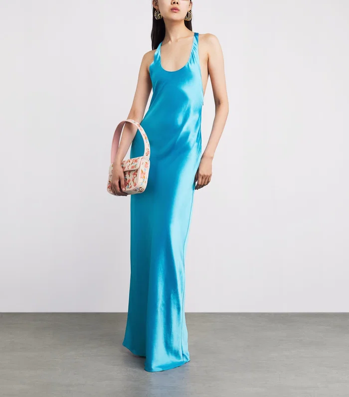 Electric Blue Satin Halter Maxi Dress - Backless Slip Gown