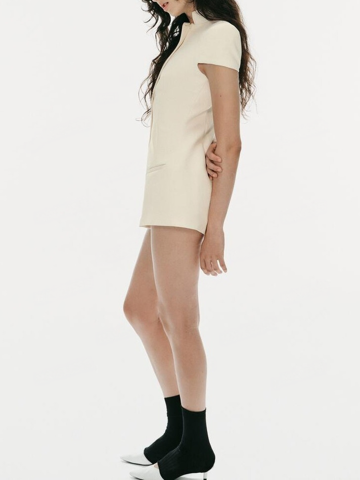 Elegant Stand Collar Cap Sleeve Tailored Romper, White Structured Short Jumpsuit For Party & Office