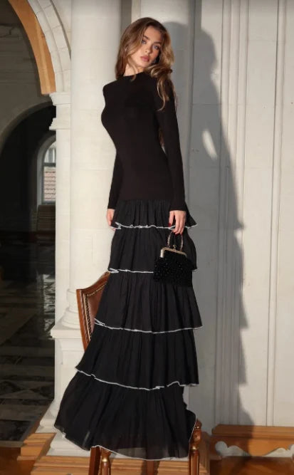 Black Long Sleeve Mock Neck Tiered Ruffle Drop Waist Maxi Dress [erp-image:1ece9732f03355b577e45540]