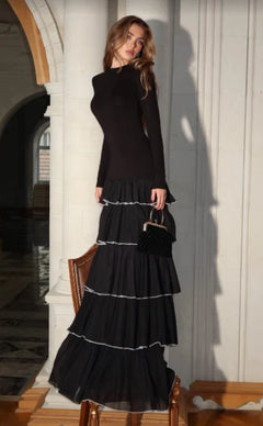 Black Long Sleeve Mock Neck Tiered Ruffle Drop Waist Maxi Dress [erp-image:1ece9732f03355b577e45540]