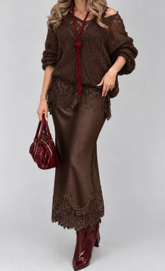 Open Knit Sweater and Lace Trim Satin Midi Skirt Set [erp-image:c97a32fa75a505134a3565d9]
