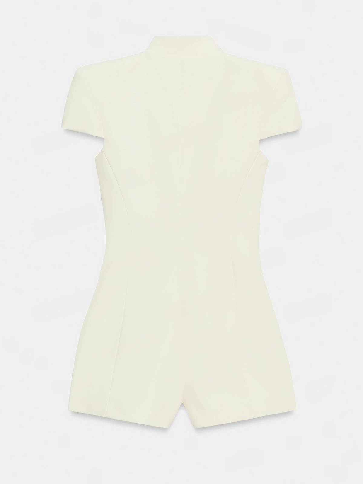 Elegant Stand Collar Cap Sleeve Tailored Romper, White Structured Short Jumpsuit For Party & Office