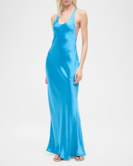 Vestido largo de satén azul eléctrico con cuello halter y espalda descubierta - vestido lencero de noche