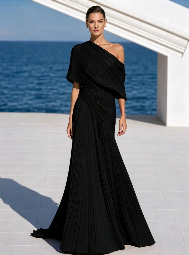 Vestido largo plisado naranja vibrante de un solo hombro – vestido de estilo griego