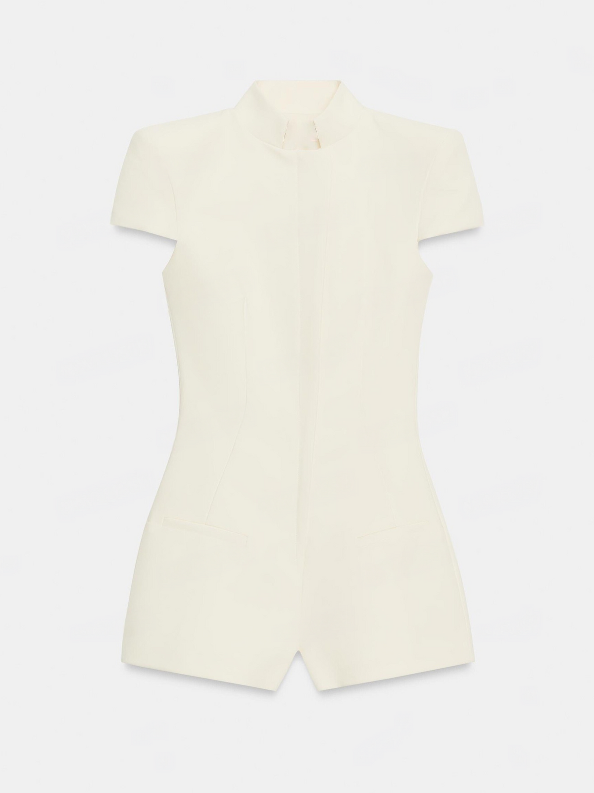 Elegant Stand Collar Cap Sleeve Tailored Romper, White Structured Short Jumpsuit For Party & Office
