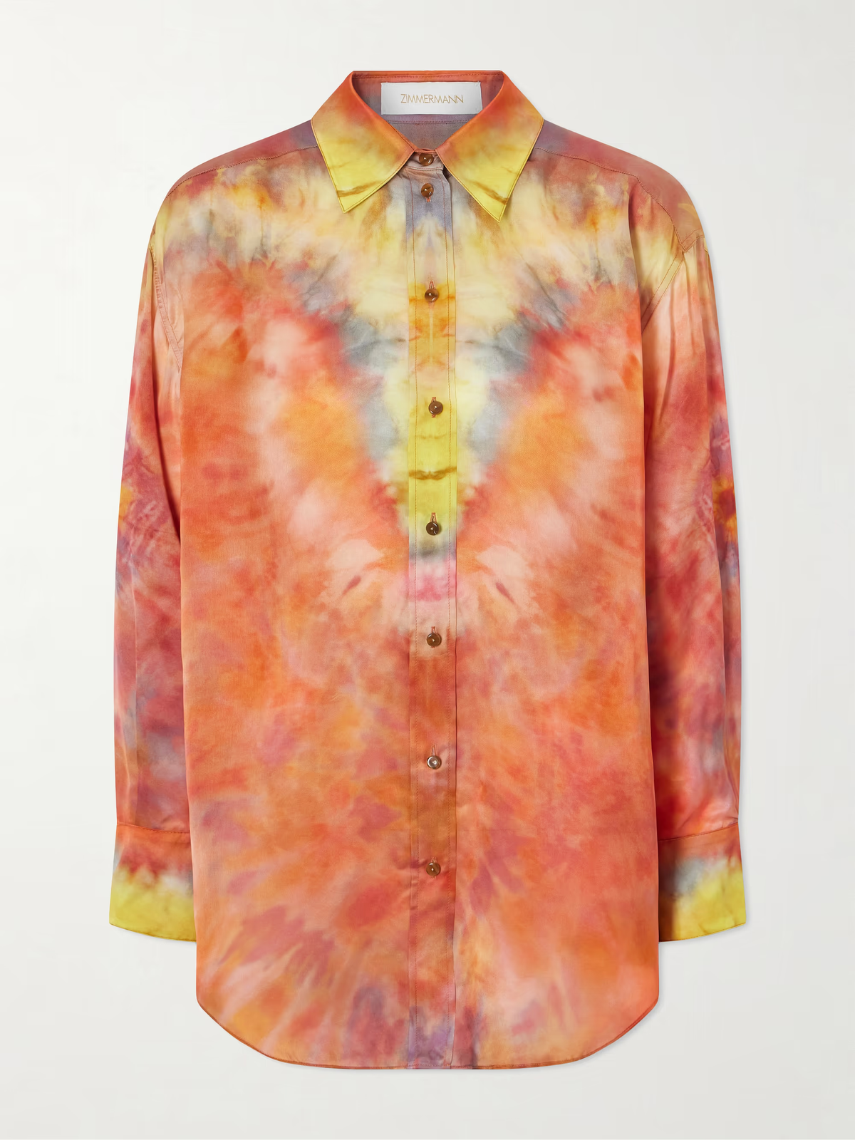 Conjunto de duas peças em seda com padrão tie-dye de pôr do sol – camisa de manga comprida com botões e calções de cintura elástica