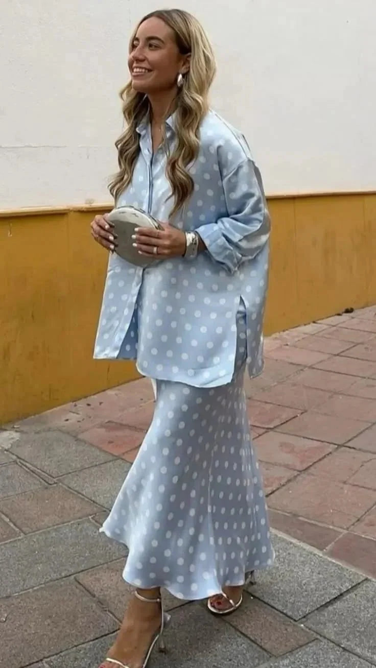 Light Blue Polka Dot Satin Oversized Shirt and Midi Skirt Two Piece Set [erp-image:24f0c1f9f6cdbfc26b9ee6ca]
