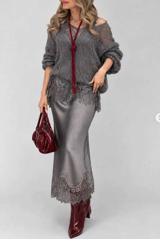 Open Knit Sweater and Lace Trim Satin Midi Skirt Set [erp-image:5a39d8a3879ca7f8288ecb11]