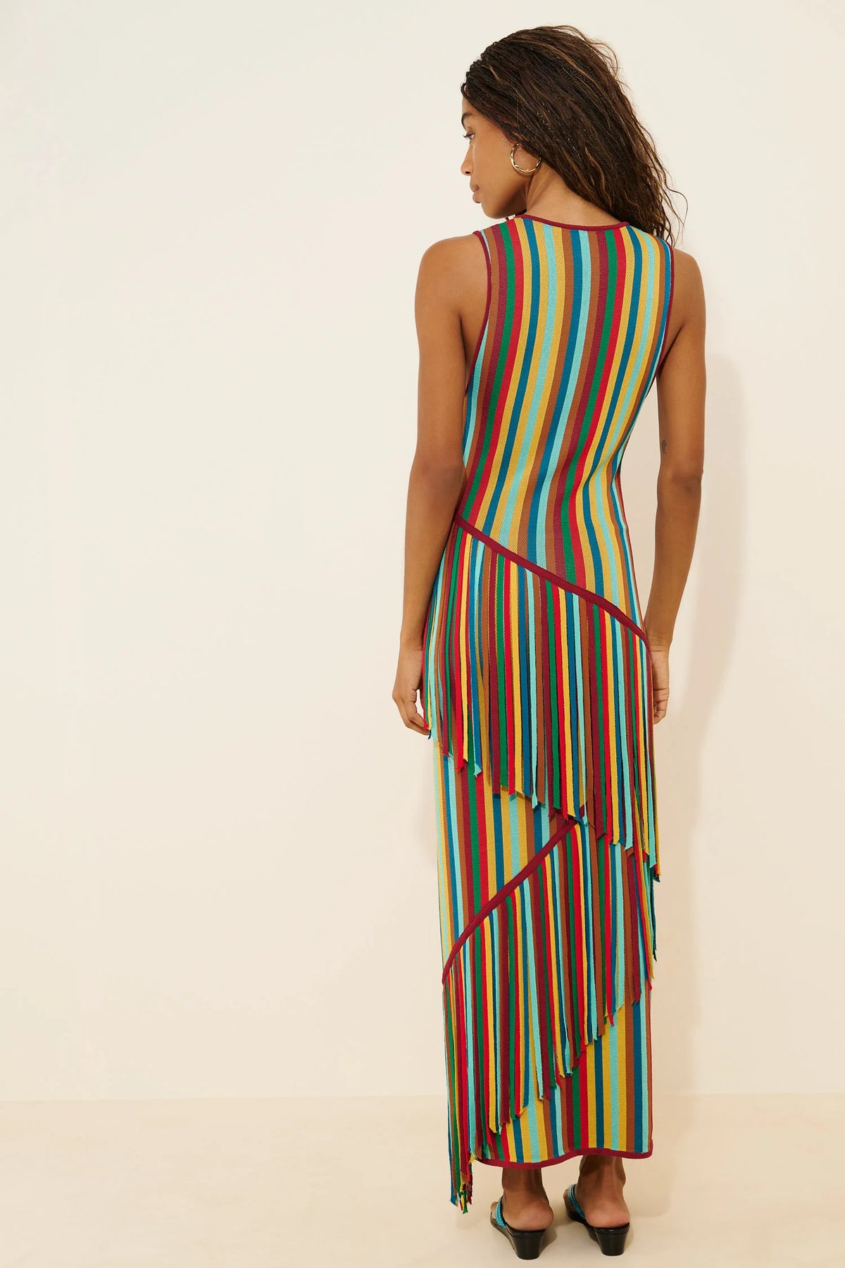 Striped Fringe Sleeveless Knit Maxi Dress with Tiered Tassels