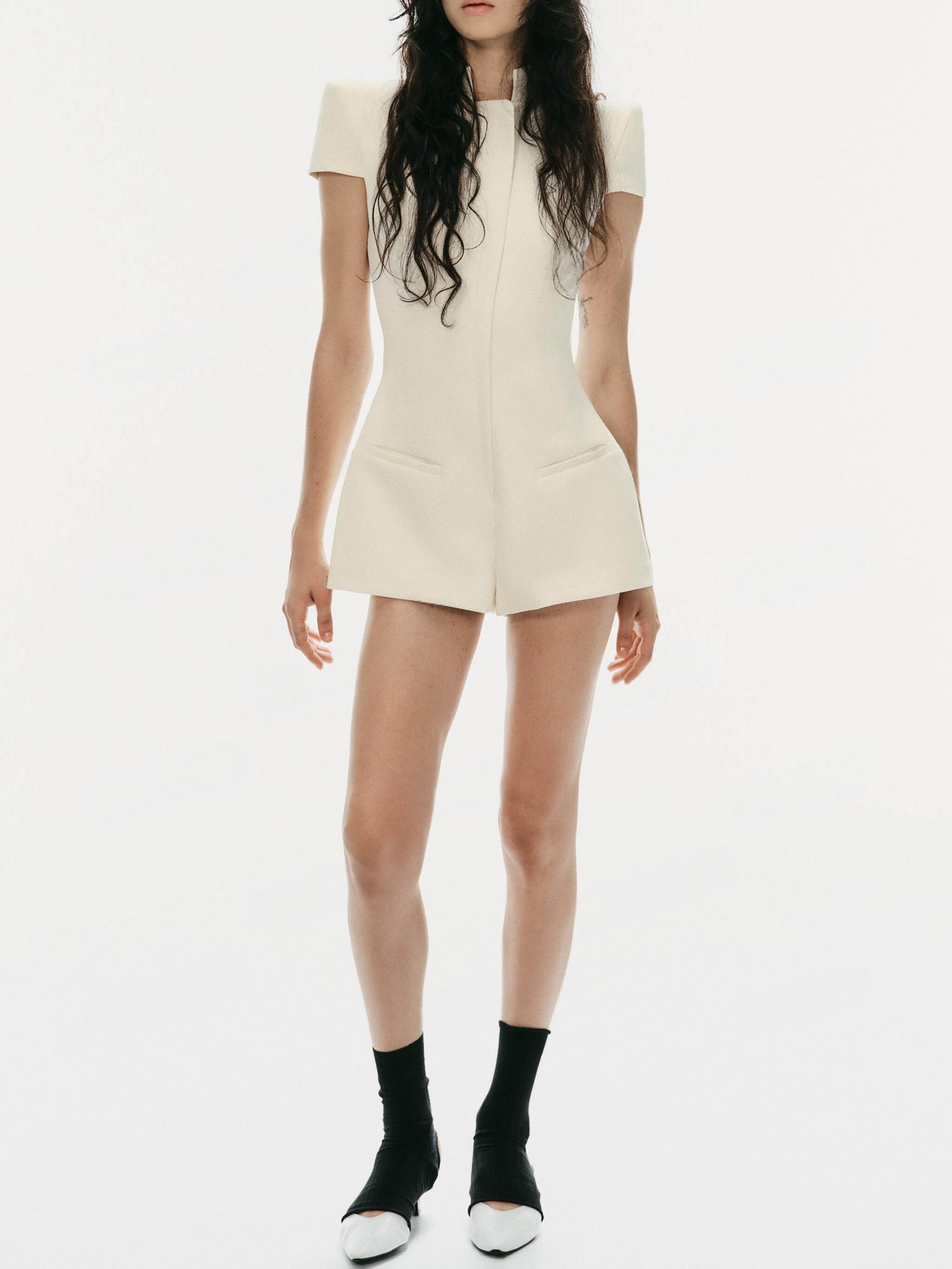 Elegant Stand Collar Cap Sleeve Tailored Romper, White Structured Short Jumpsuit For Party & Office