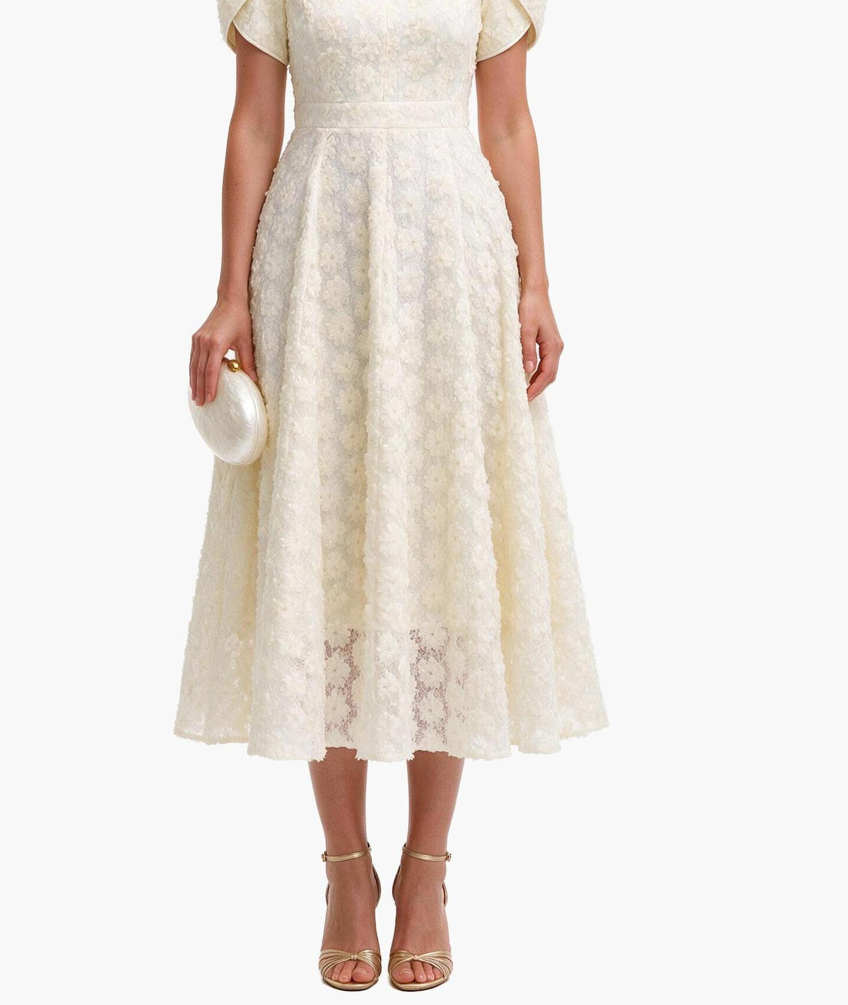 Vestido midi branco-creme de renda floral com decote em V e mangas de balão