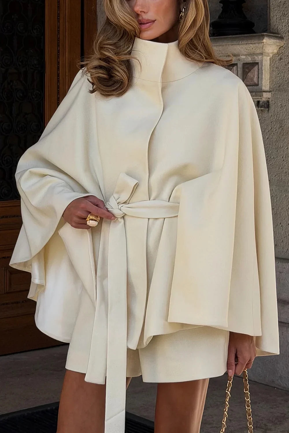 High Neck Belted Cape Coat and Shorts Two Piece Outfit Set [erp-image:f0eb2be4b59da8cfe0631843]