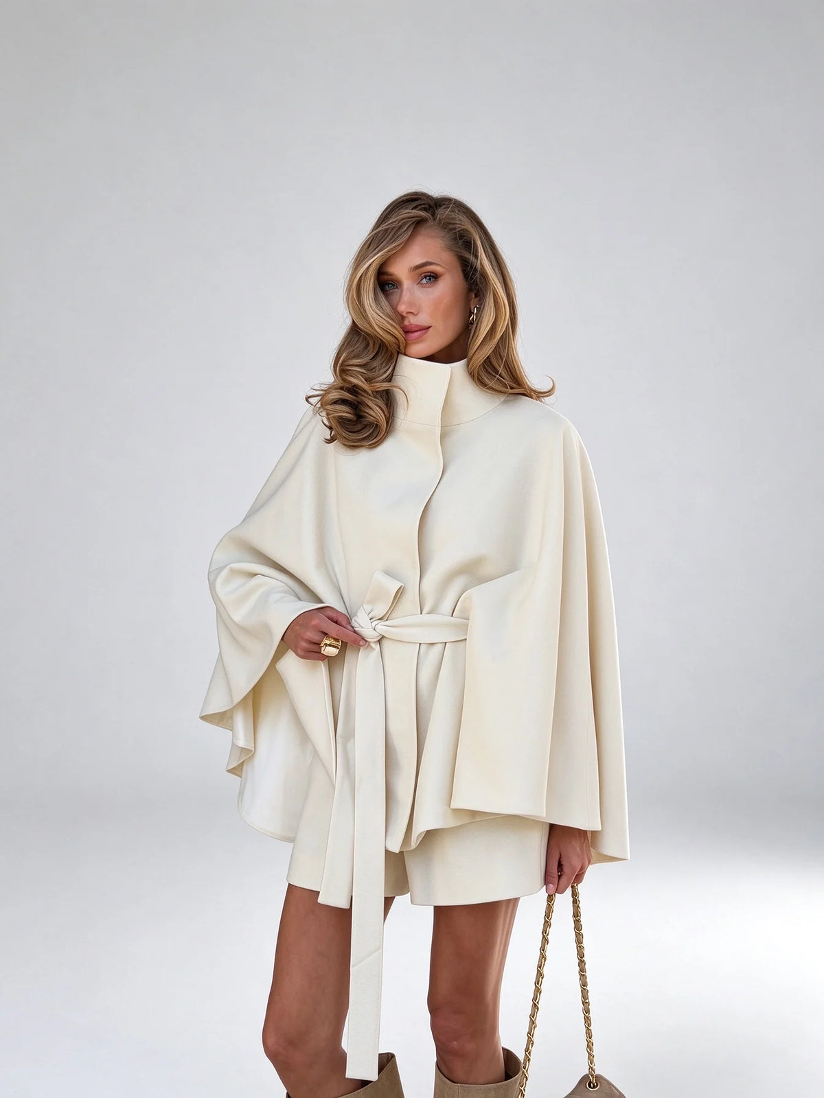High Neck Belted Cape Coat and Shorts Two Piece Outfit Set [erp-image:32d02dc05bcb8411cd8f33ea]
