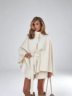 High Neck Belted Cape Coat and Shorts Two Piece Outfit Set [erp-image:32d02dc05bcb8411cd8f33ea]