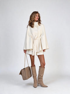 High Neck Belted Cape Coat and Shorts Two Piece Outfit Set [erp-image:fe46fd099d2c22253bcbc050]
