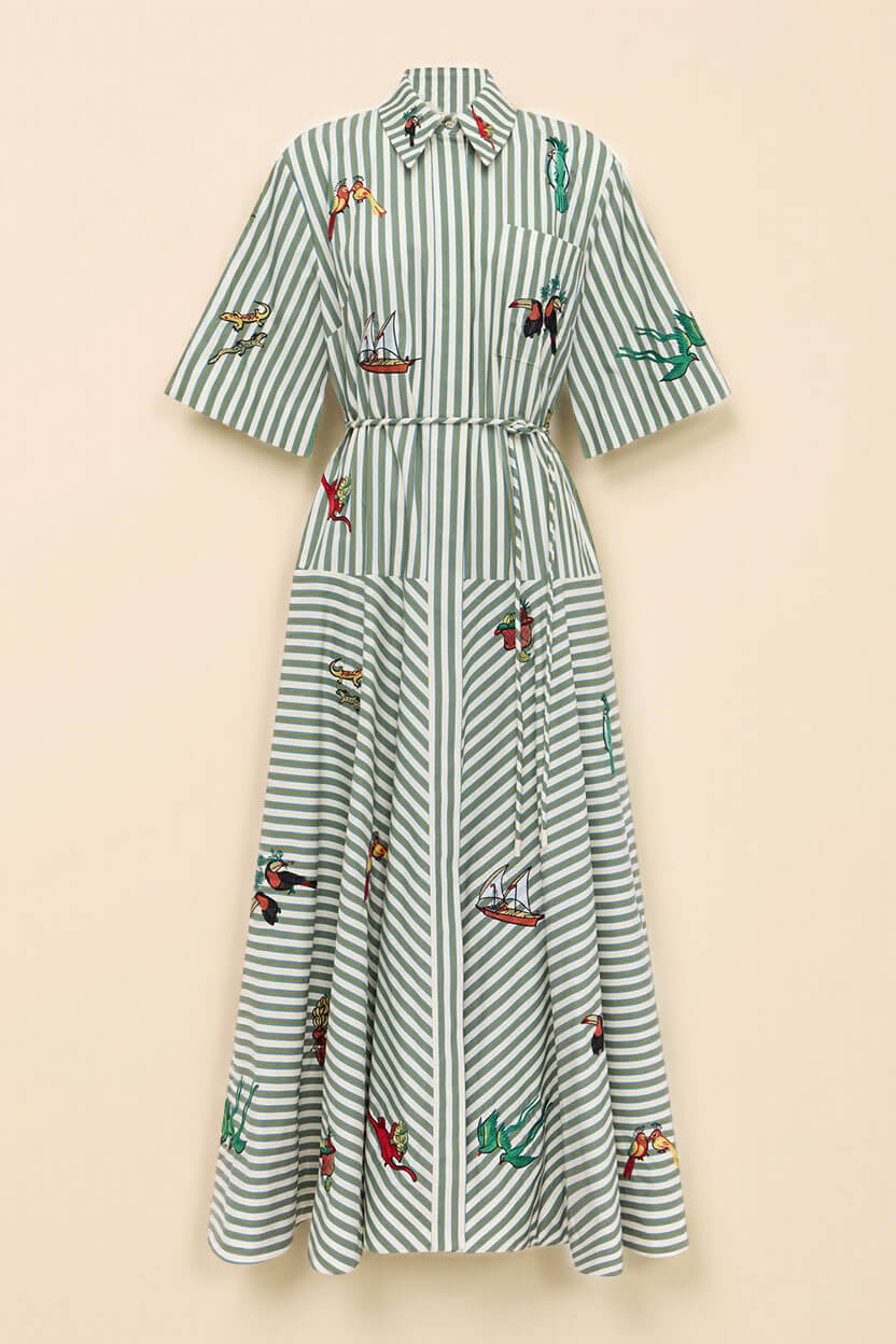 Classic Striped Button-Front Tie-Waist A-Line Maxi Shirtdress