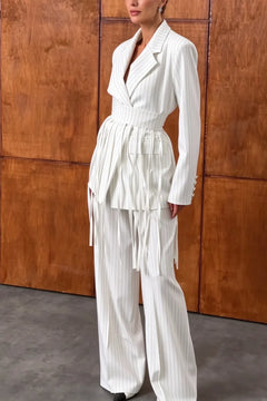 White Pinstripe Fringe Blazer and Wide Leg Pants Two Piece Set [erp-image:4b518af46dc32e3e237152c0]