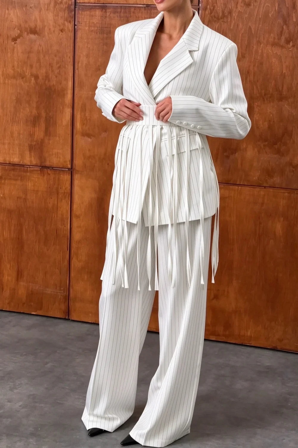 White Pinstripe Fringe Blazer and Wide Leg Pants Two Piece Set [erp-image:a9d7aa0d637df84242148e35]