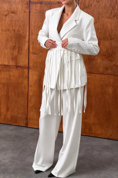 White Pinstripe Fringe Blazer and Wide Leg Pants Two Piece Set [erp-image:a9d7aa0d637df84242148e35]