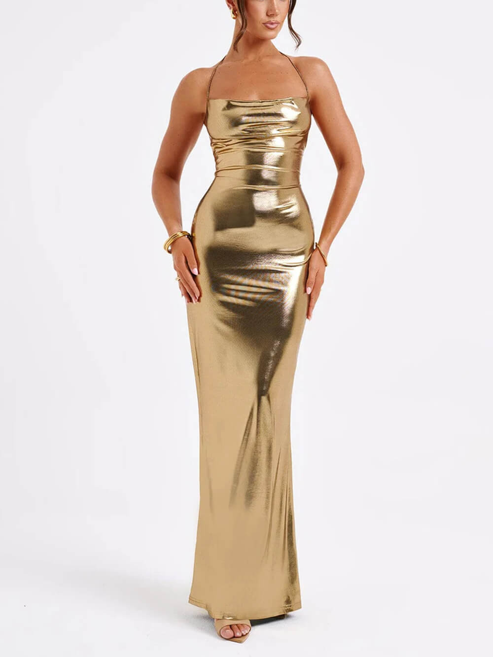 Vestido maxi metalizado brilhante, sem costas, com gola swing para a primavera