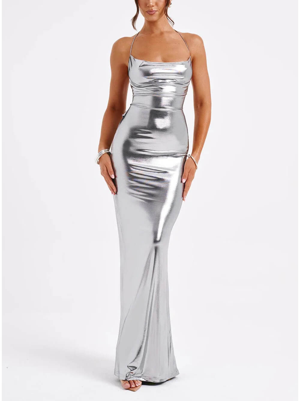 Vestido maxi metalizado brilhante, sem costas, com gola swing para a primavera