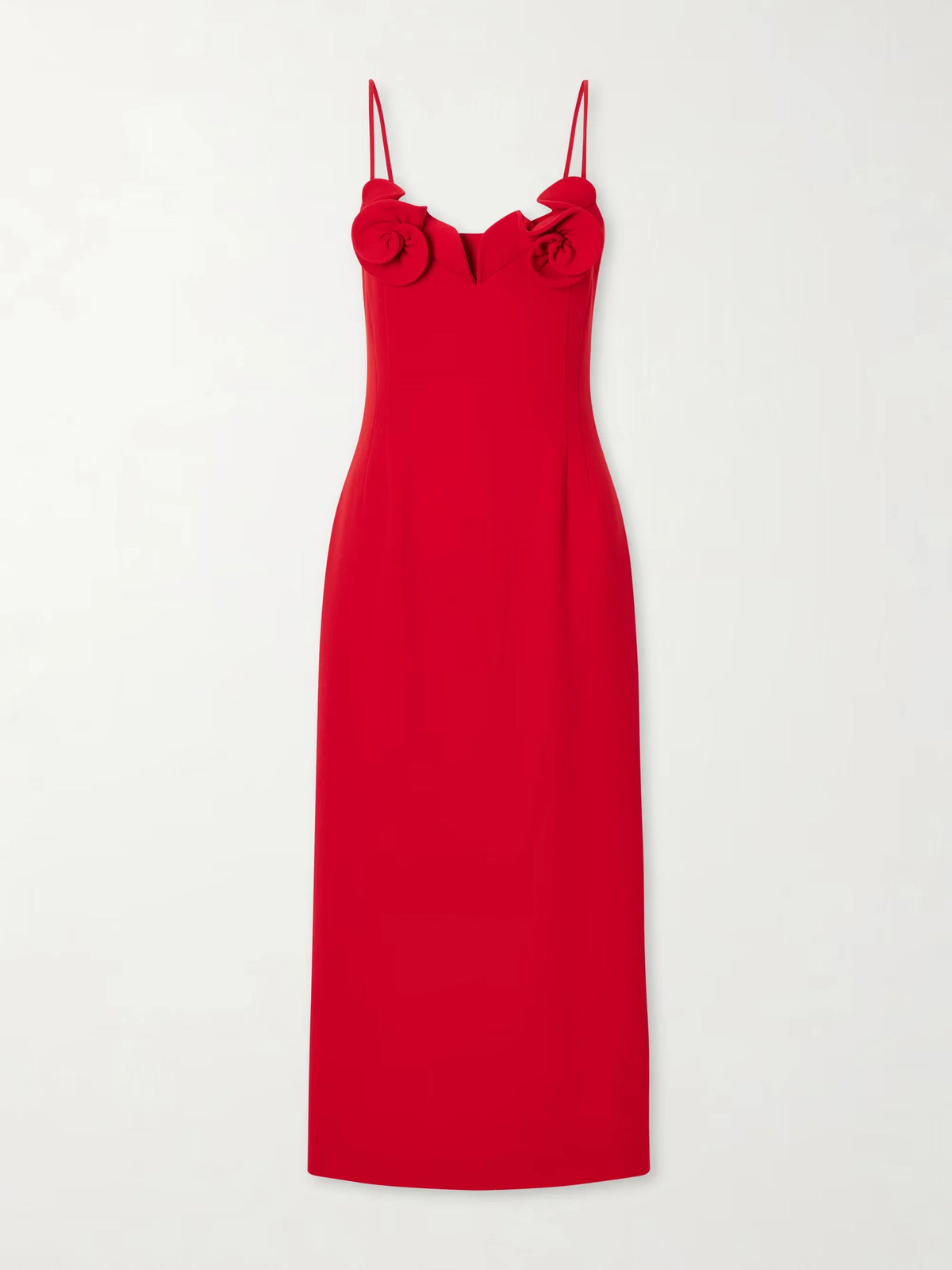 Vestido maxi vermelho justo, com roseta, decote coração e alças finas